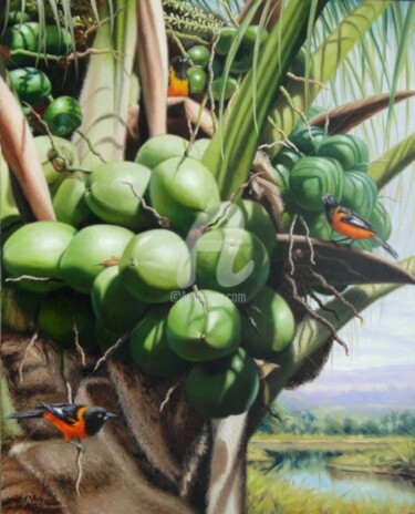 Painting titled "Cocos e Pássaros" by Rose Fernandes, Original Artwork, Oil