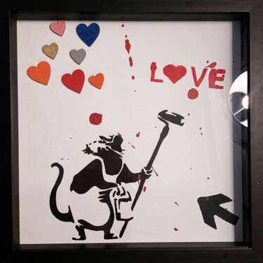 Painting titled "The Rat in Love" by Rose, Original Artwork, Acrylic Mounted on Wood Panel