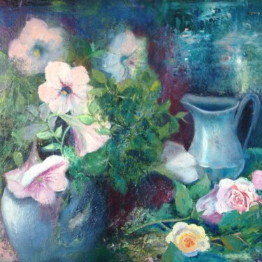 Painting titled "Les petunias" by Roseline Chesserond, Original Artwork, Oil