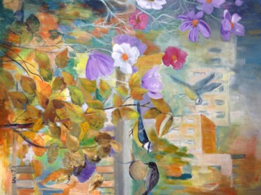 Painting titled "L'automne au balcon" by Roseline Chesserond, Original Artwork, Acrylic