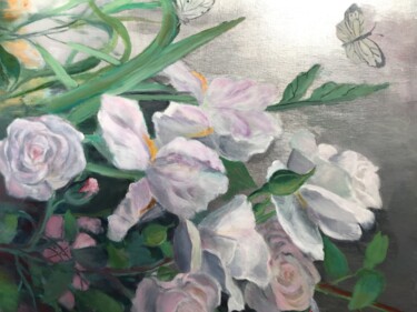 Malerei mit dem Titel "Iris et roses" von Roseline Chesserond, Original-Kunstwerk, Acryl