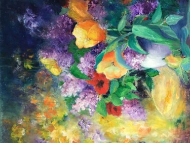 Peinture intitulée "Bouquet de lilas et…" par Roseline Chesserond, Œuvre d'art originale, Huile