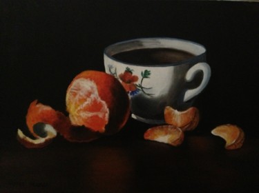 Painting titled "La Tasse et L'Orange" by Roseline Pederencino Et Olivier Villella, Original Artwork, Oil