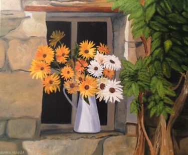 Painting titled "Fenêtre aux fleurs" by Roseline Pederencino Et Olivier Villella, Original Artwork, Oil