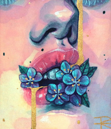 Картина под названием "Flowers in mouth" - Roselin Estephanía, Подлинное произведение искусства, Акварель