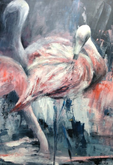 Painting titled "Flamant rose à sa t…" by Roseline Chesserond, Original Artwork, Acrylic