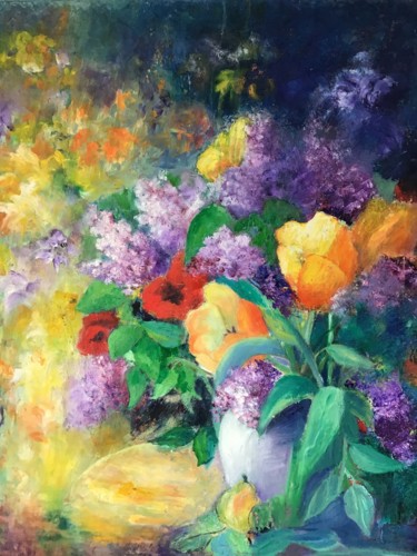 Peinture intitulée "Bouquet de lilas et…" par Roseline Chesserond, Œuvre d'art originale, Huile
