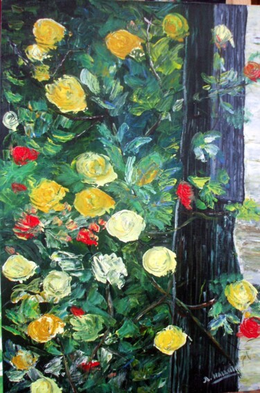 Peinture intitulée "Le rosier jaune" par Roselyne Halluin, Œuvre d'art originale