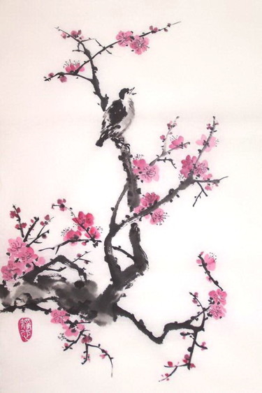 Peinture intitulée "Prunus et moineau j…" par Roselyne Pegeault, Œuvre d'art originale