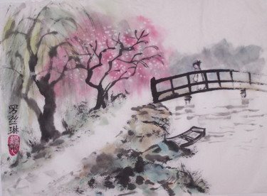 Painting titled "Petit pont japonais" by Roselyne Pegeault, Original Artwork