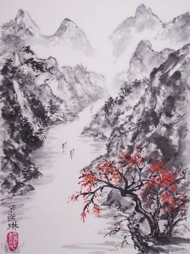 Pittura intitolato "paysage Yangtze 1" da Roselyne Pegeault, Opera d'arte originale