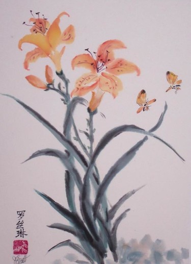 Painting titled "Lys et papillons" by Roselyne Pegeault, Original Artwork