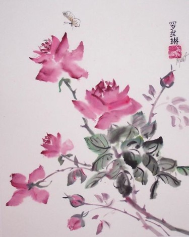 Painting titled "Roses au jardin" by Roselyne Pegeault, Original Artwork
