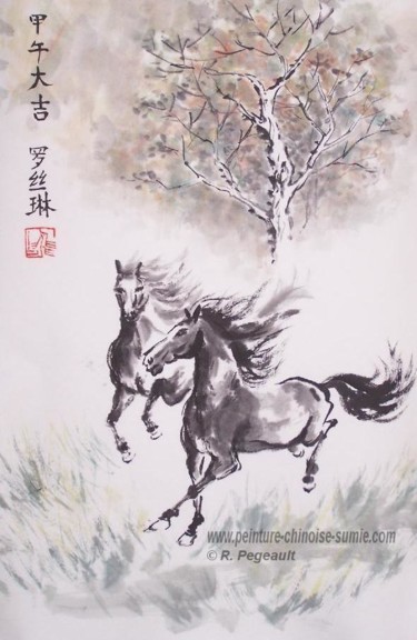 Painting titled "chevaux au galop da…" by Roselyne Pegeault, Original Artwork