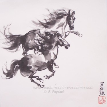 Pintura intitulada "chevaux volants" por Roselyne Pegeault, Obras de arte originais