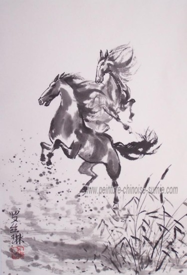 Pintura intitulada "chevaux sauvages" por Roselyne Pegeault, Obras de arte originais