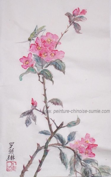 Malerei mit dem Titel "sauterelle sur rose…" von Roselyne Pegeault, Original-Kunstwerk, Aquarell