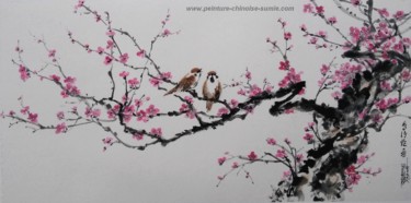 Pintura intitulada "Les oiseaux chanten…" por Roselyne Pegeault, Obras de arte originais, Aquarela