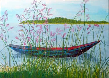 Schilderij getiteld "Barque au Vietnam" door Roselyne Quinchon/Creff, Origineel Kunstwerk, Acryl Gemonteerd op Frame voor ho…