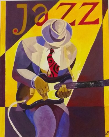 Peinture intitulée "Jazz man à la guita…" par Roselyne Quinchon/Creff, Œuvre d'art originale, Acrylique