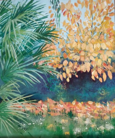 Painting titled "Automne au jardin" by Roselyne Rollant (Evarose), Original Artwork, Acrylic