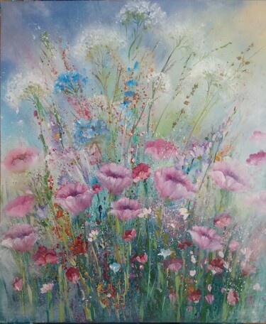 Картина под названием "Wild flowers" - Roselyne Rollant (Evarose), Подлинное произведение искусства, Масло Установлен на Дер…