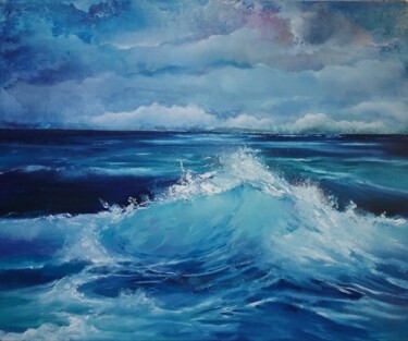 Pittura intitolato "Blue wave" da Roselyne Rollant (Evarose), Opera d'arte originale, Olio Montato su Telaio per barella in…