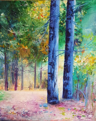 Pintura titulada "Les arbres bleus" por Roselyne Rollant (Evarose), Obra de arte original, Acrílico Montado en Bastidor de c…