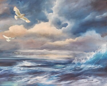 Painting titled "Evasion" by Roselyne Rollant (Evarose), Original Artwork, Oil Mounted on Wood Stretcher frame