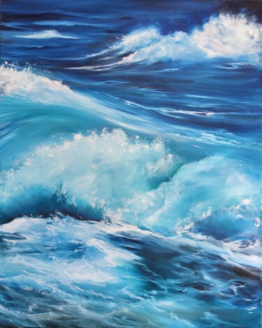 Painting titled "Blue wave 2" by Roselyne Rollant (Evarose), Original Artwork, Oil Mounted on Wood Stretcher frame