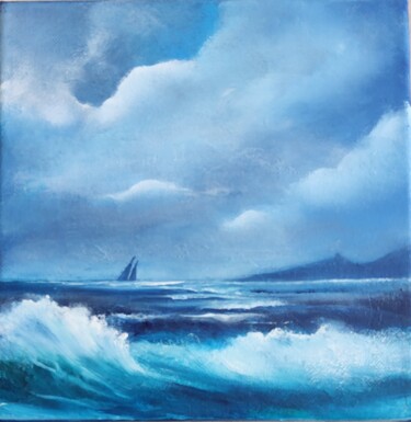 Painting titled "Voyage en mer 2" by Roselyne Rollant (Evarose), Original Artwork, Oil Mounted on Wood Stretcher frame