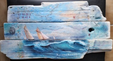 Painting titled "Mémoire de mer 3" by Roselyne Rollant (Evarose), Original Artwork, Acrylic Mounted on Wood Panel