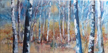 Malerei mit dem Titel "La forêt bleue" von Roselyne Rollant (Evarose), Original-Kunstwerk, Acryl Auf Keilrahmen aus Holz mon…