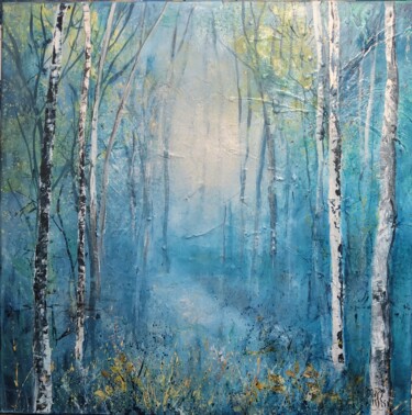 Painting titled "Blue forest 2" by Roselyne Rollant (Evarose), Original Artwork, Acrylic Mounted on Wood Stretcher frame