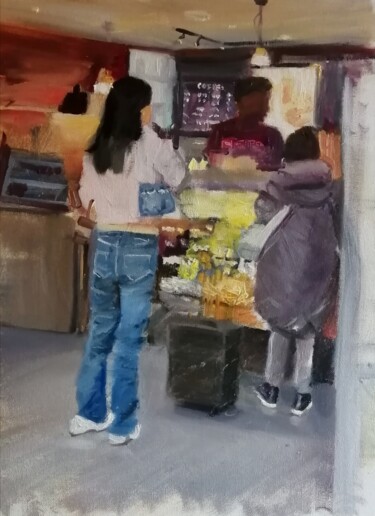 Malerei mit dem Titel "Station cafe" von Rosemary Burn, Original-Kunstwerk, Öl