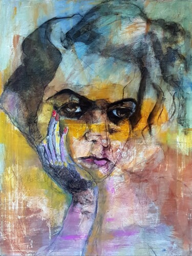 Painting titled "Lost in thought" by Rosemay Dahan, Original Artwork, Acrylic Mounted on Wood Stretcher frame