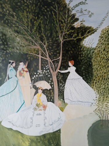 Malerei mit dem Titel "Mujeres en el jardín" von Roser Solà, Original-Kunstwerk, Öl