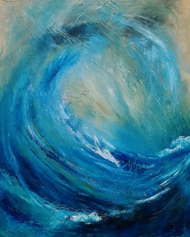 Painting titled "The wave in stormy…" by Roser Jb, Original Artwork, Acrylic Mounted on Wood Stretcher frame