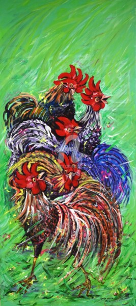 Painting titled "roosters, key west" by Roser Caritx Vilaseca, Original Artwork, Acrylic Mounted on artwork_cat.