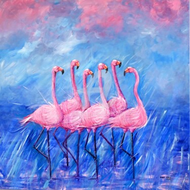 Pintura titulada "flamingos" por Roser Caritx Vilaseca, Obra de arte original, Acrílico Montado en artwork_cat.