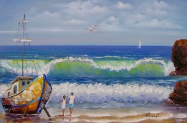 Painting titled "Praia" by Roseval, Original Artwork, Oil