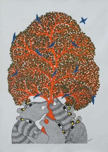 Картина под названием "Gond Painting  6" - Roshni Shyam, Подлинное произведение искусства, Акрил