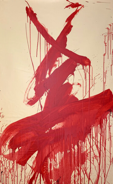 Schilderij getiteld "Red hieroglyph 4" door Rosi Roys, Origineel Kunstwerk, Acryl