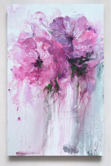 Painting titled "Pink flower 5" by Rosi Roys, Original Artwork, Acrylic