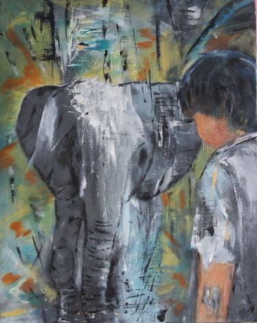 Painting titled "L'éléphant et l'enf…" by Rosiane Priam, Original Artwork