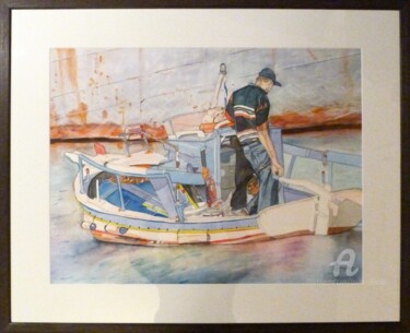 Painting titled "The fisherman" by Rosita Allinckx, Original Artwork, Watercolor Mounted on Other rigid panel