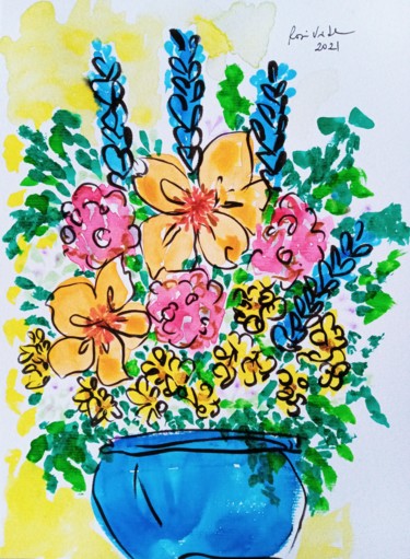 Pintura titulada "Flores en vasija az…" por Rosi Vidal, Obra de arte original, Acuarela