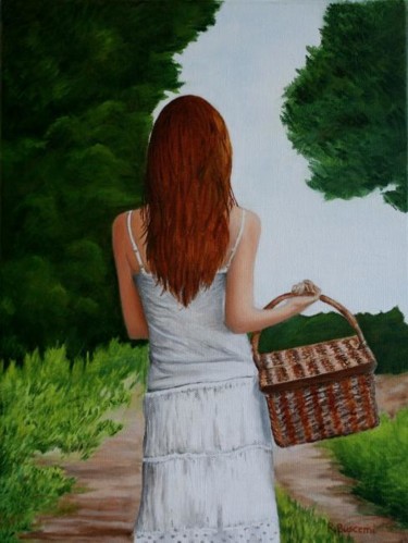 Painting titled "Ragazza con paniere…" by Rossella Buscemi, Original Artwork, Oil