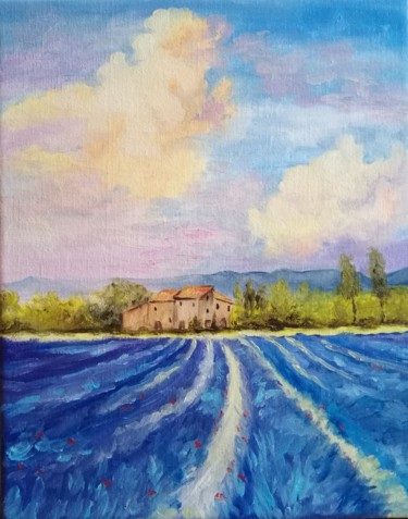 Painting titled "CAMPAGNA CON LAVANDA" by Rosa Nardella, Original Artwork, Oil