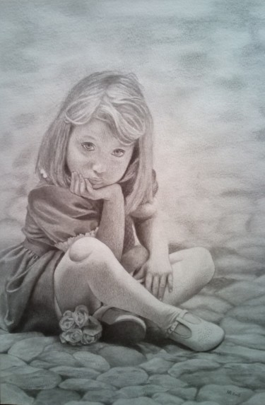 Painting titled "LA BIMBA TRISTE" by Rosa Nardella, Original Artwork, Charcoal